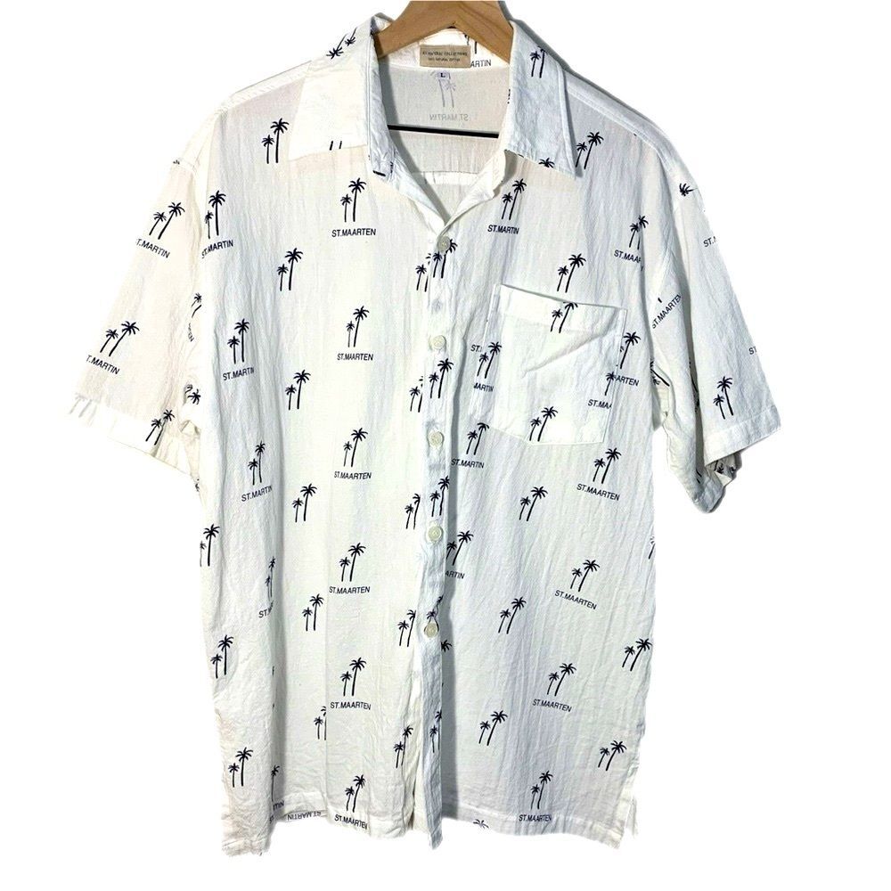 Men's 100% Cotton White Short-Sleeve Palm Print Button-Down Shirt
